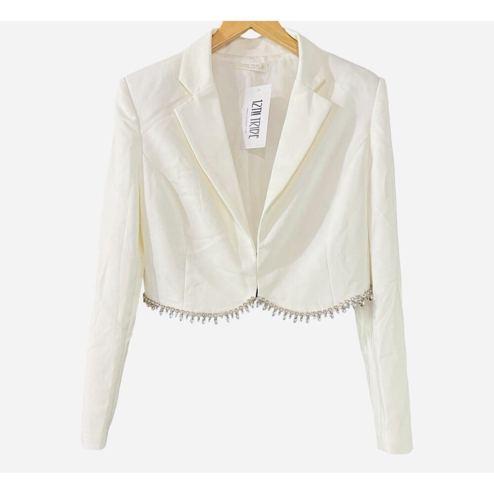 12th Tribe Off White Melania Cropped Long Sleeve Rhinestone Crystal Blazer XL - Picture 2 of 7